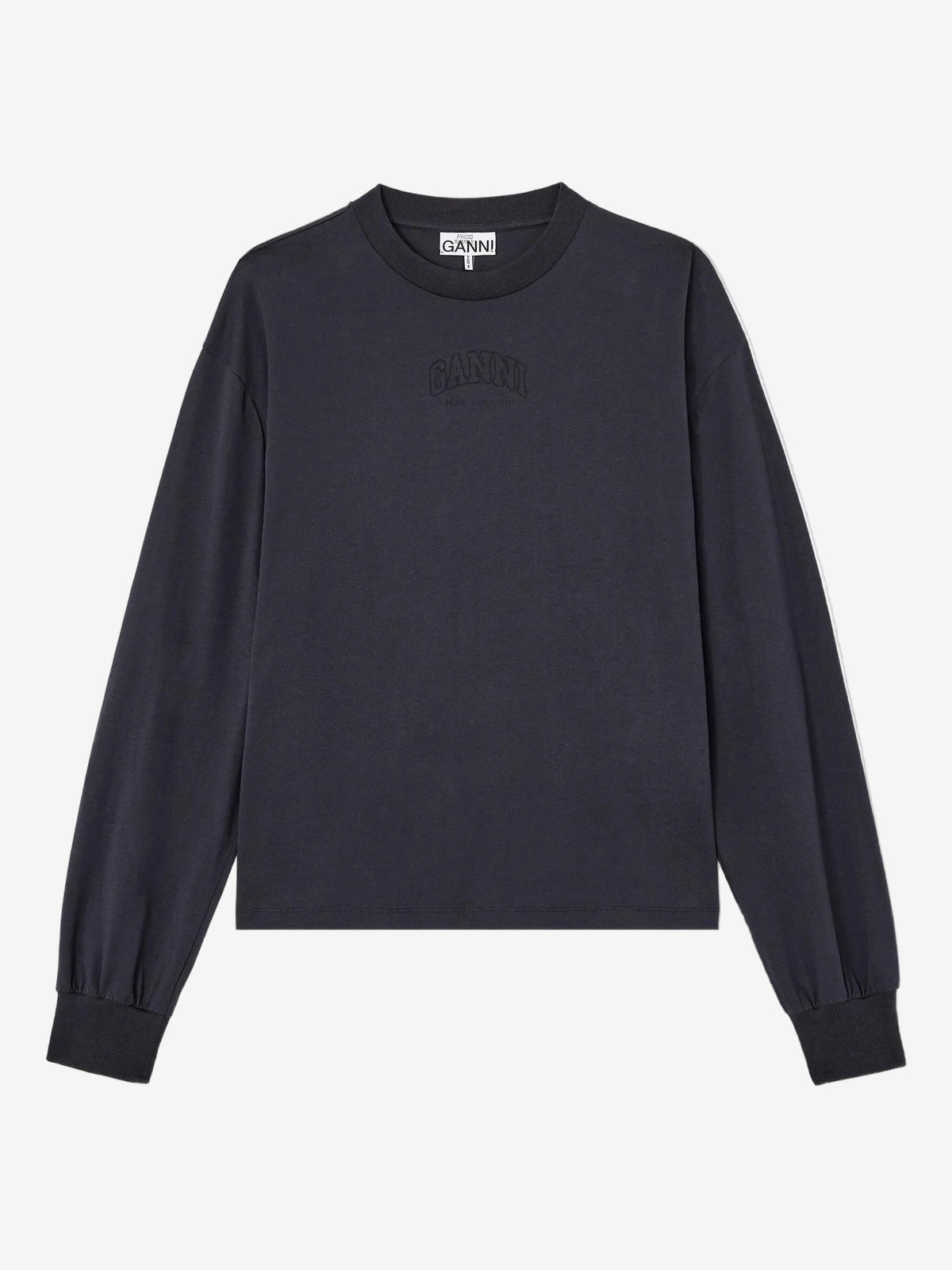 Black long-sleeve shirt with a brand logo on a white background