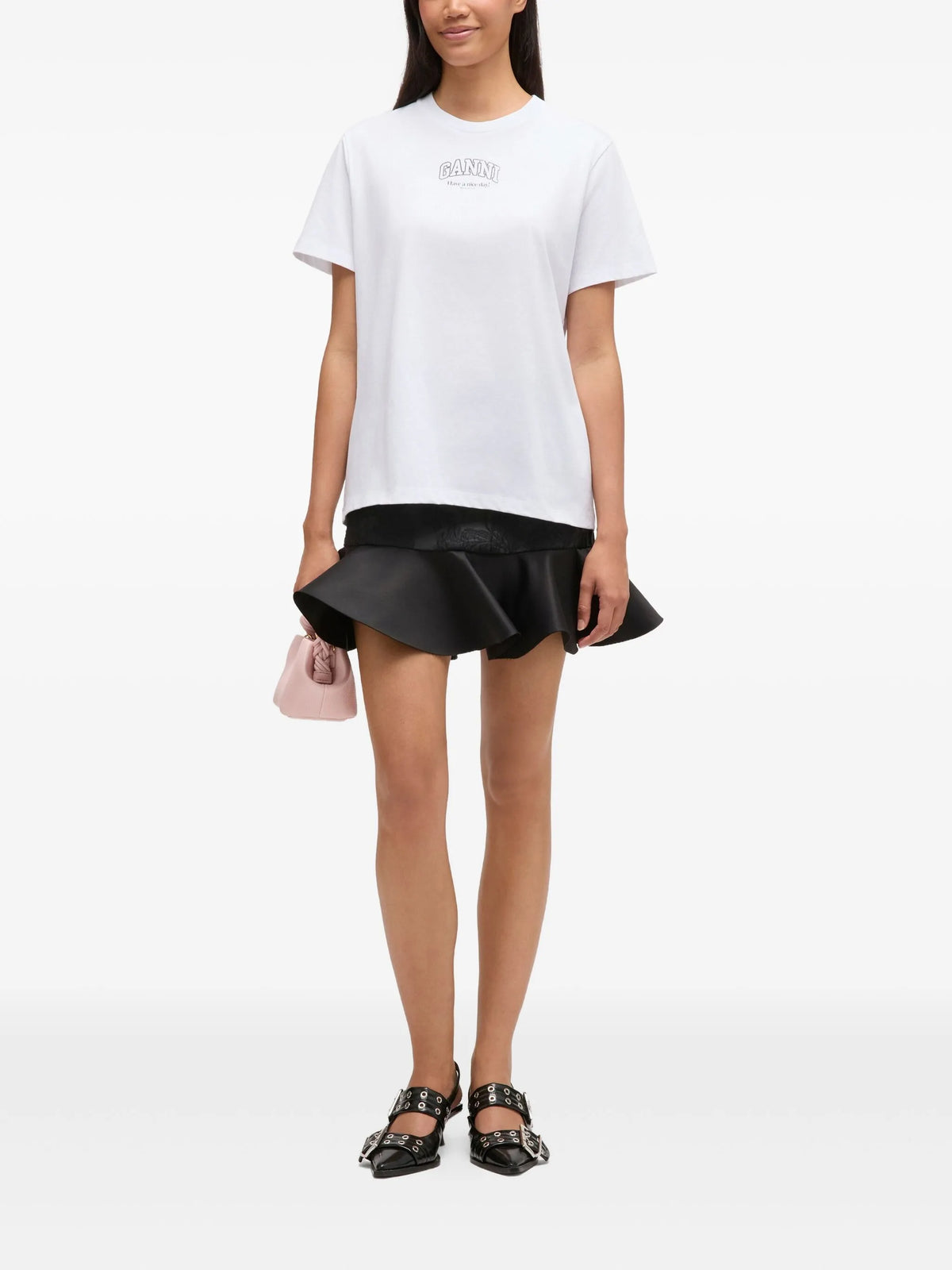 White t-shirt with a brand logo on a white background