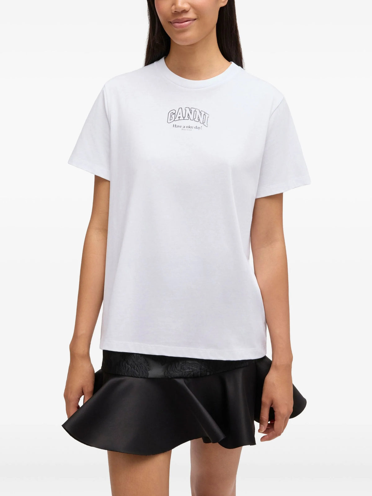 White t-shirt with a brand logo on a white background
