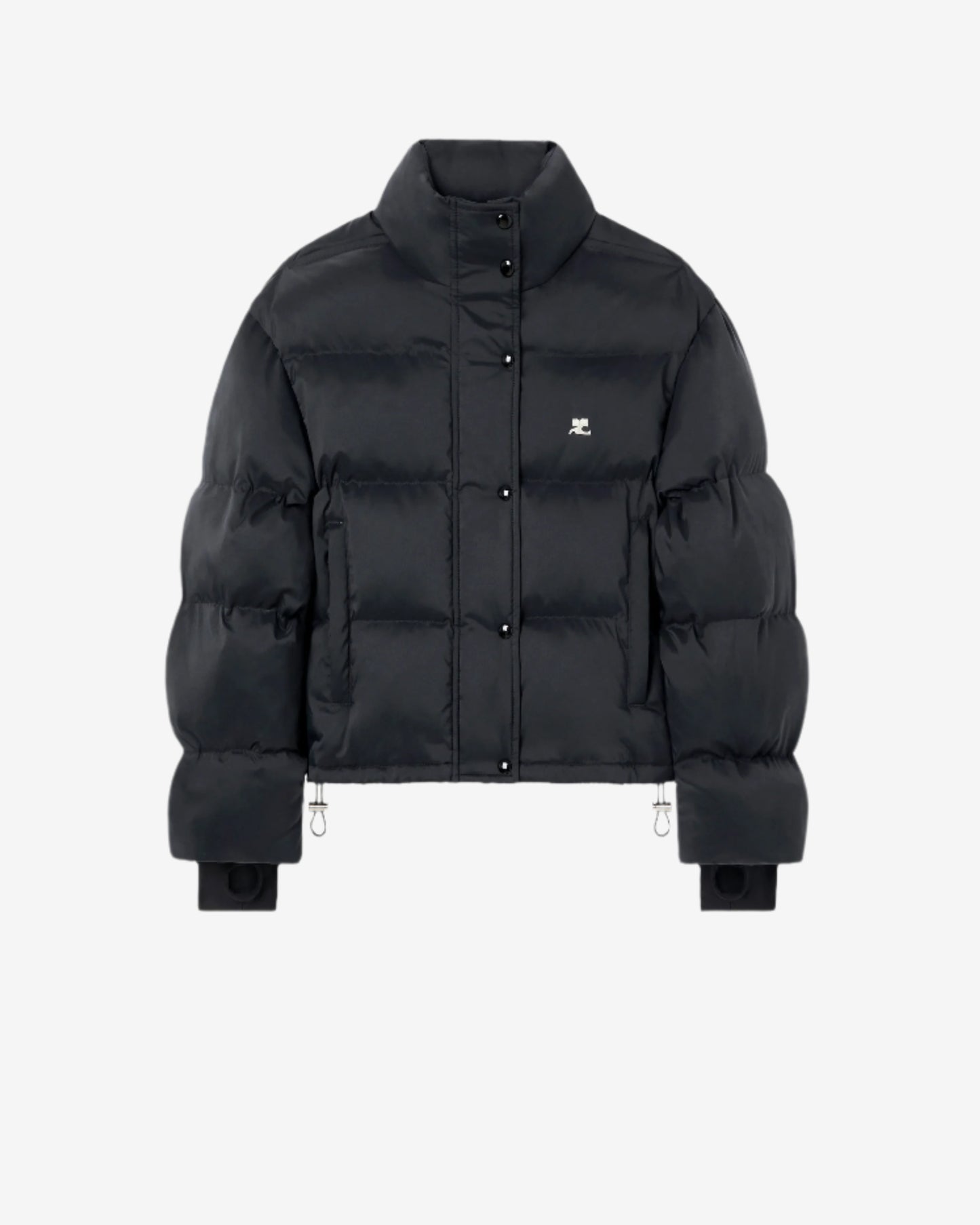 Black puffer jacket on a white background