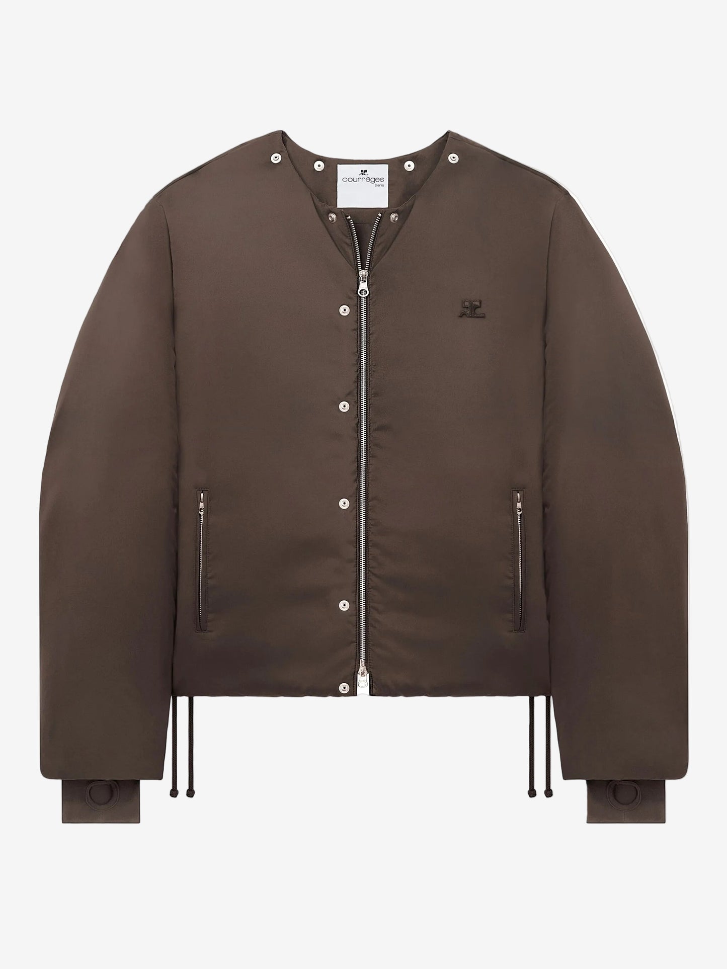 Brown jacket with a brand label on a white background