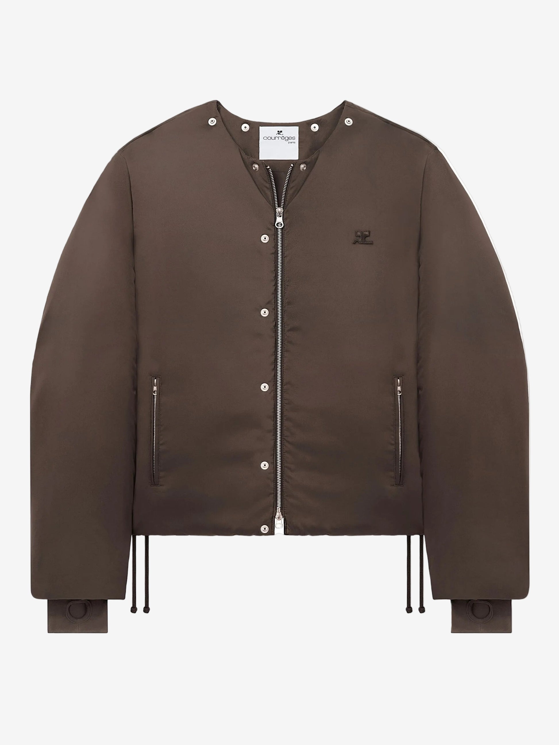 Brown jacket with a brand label on a white background