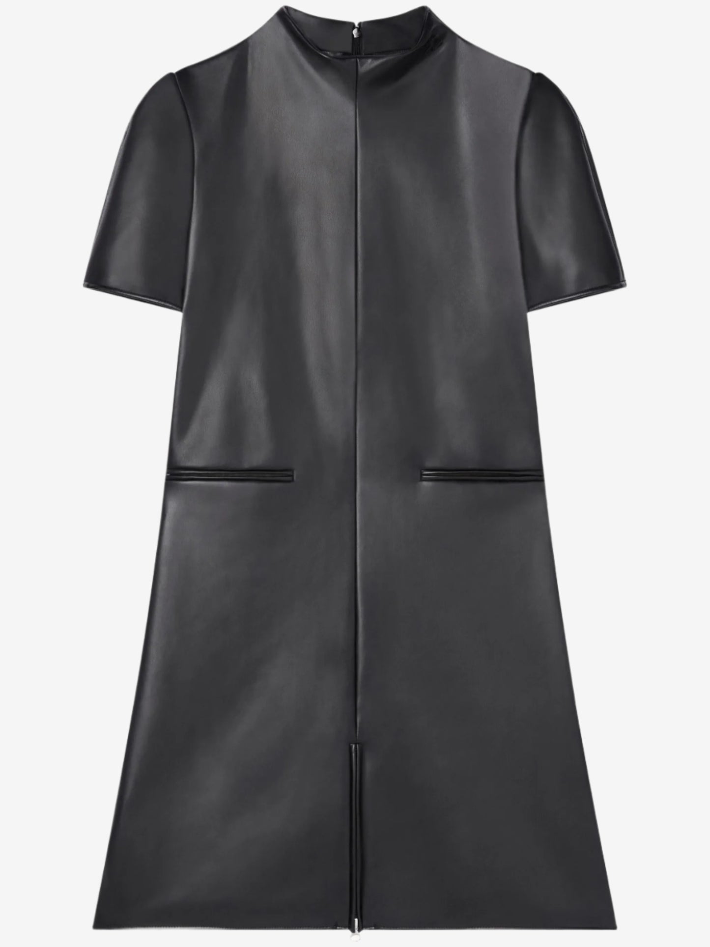 Black leather dress with short sleeves on a white background