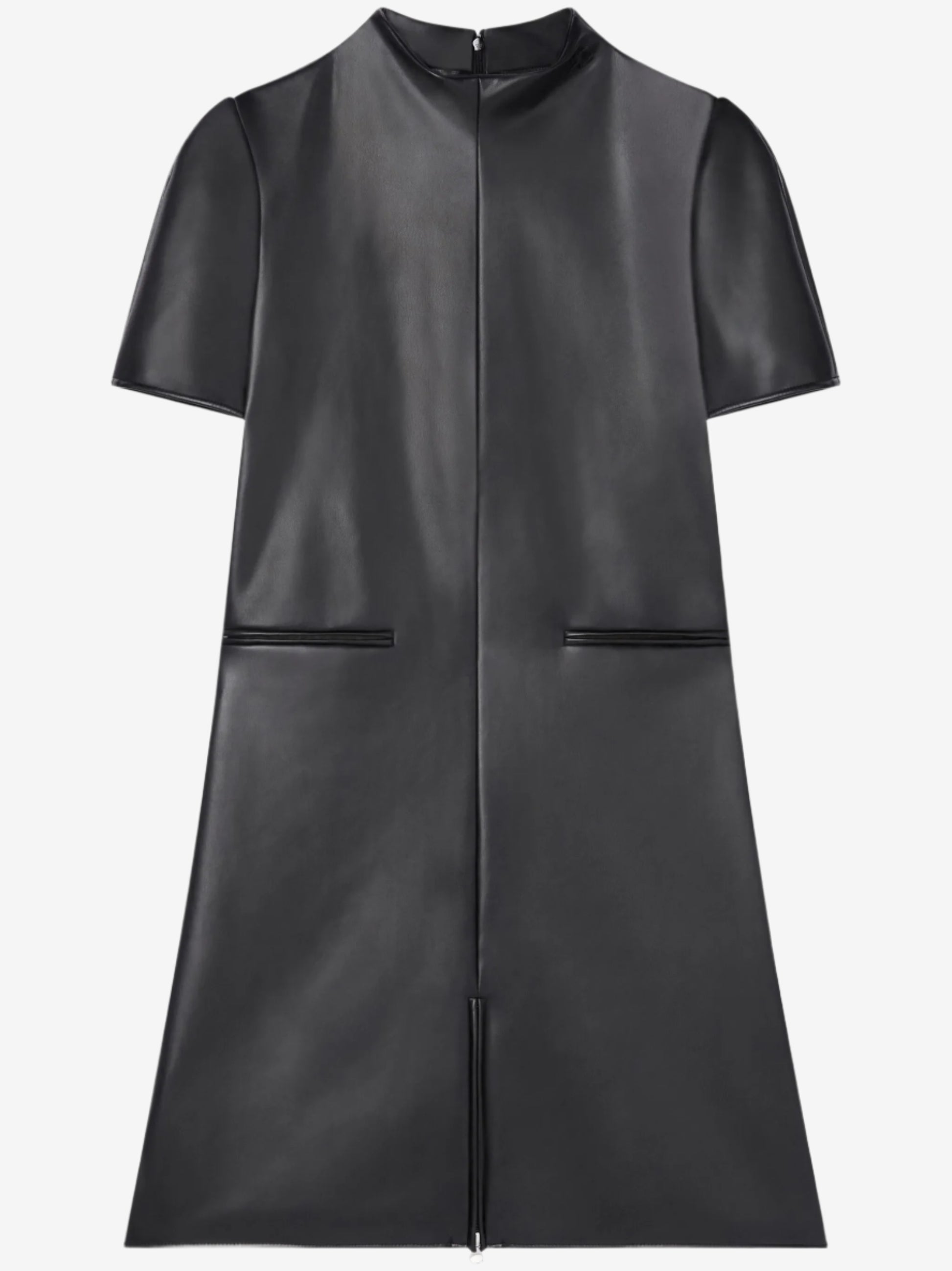 Black leather dress with short sleeves on a white background