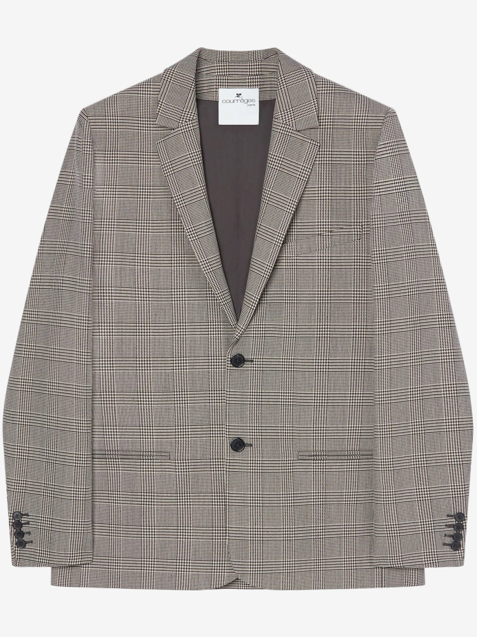 Plaid blazer with a visible brand label on a white background