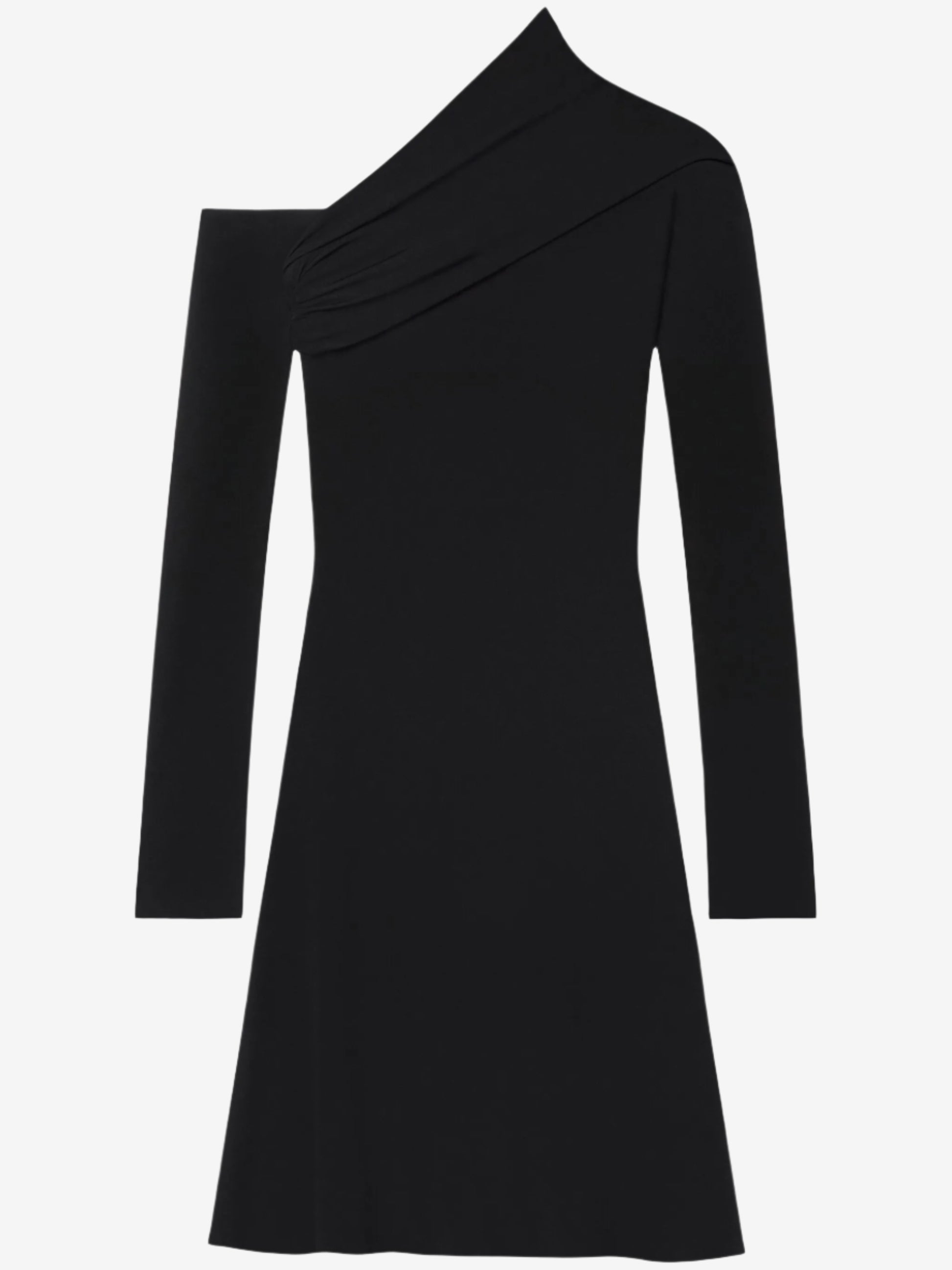 Black one-shoulder dress on a white background