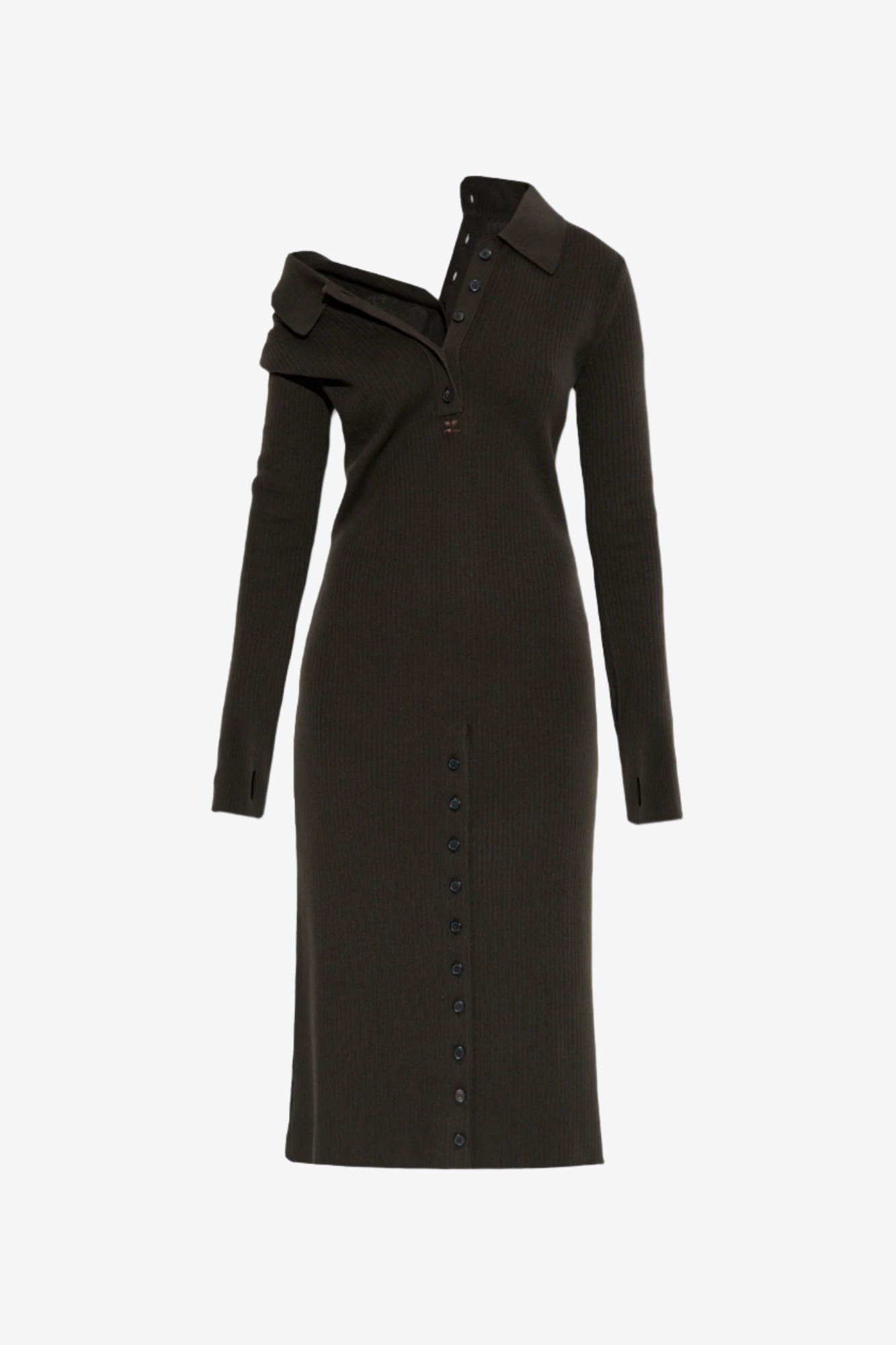 Black dress with a unique collar design on a white background