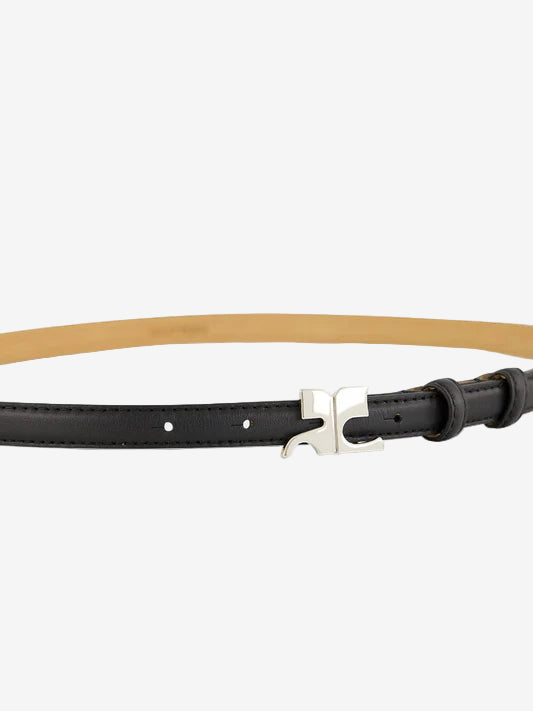 Black belt with a silver buckle on a white background