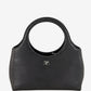 Black textured handbag with a brand logo on a light gray background
