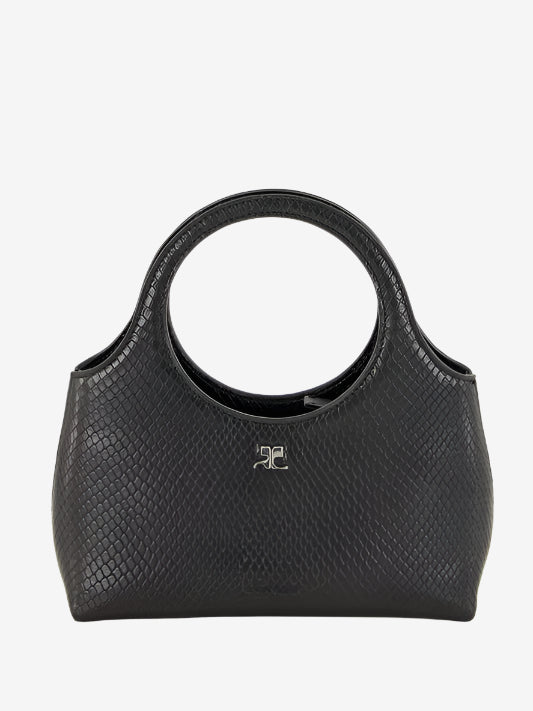 Black textured handbag with a brand logo on a light gray background