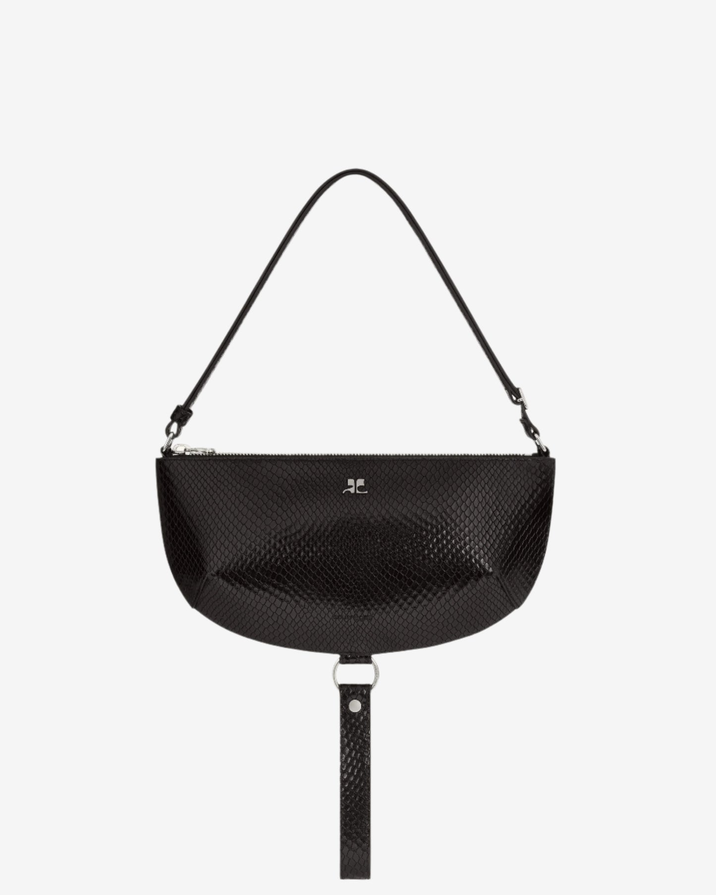 Black textured handbag with a strap on a white background