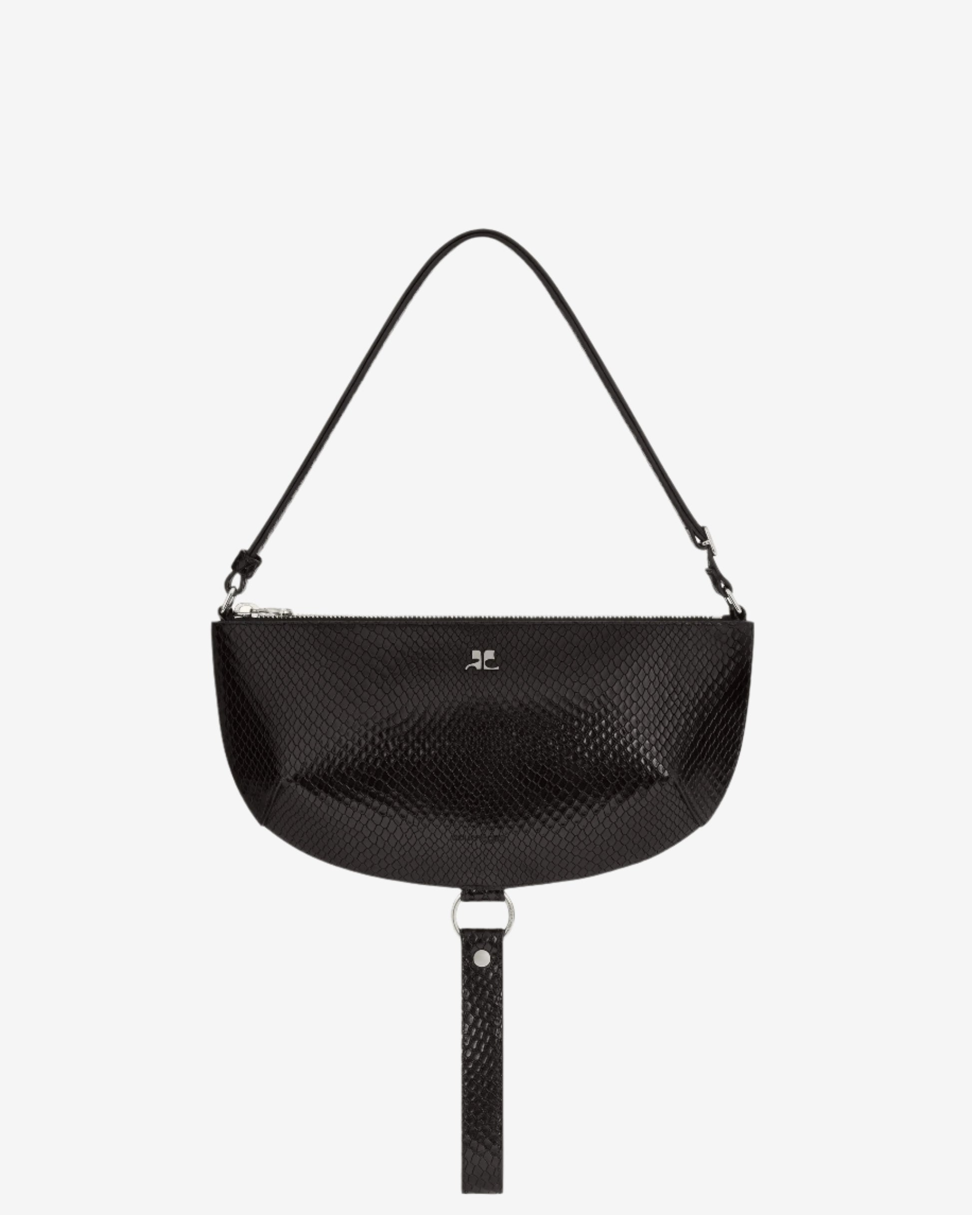 Black textured handbag with a strap on a white background
