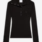 Black ribbed long-sleeve shirt with buttons on a white background