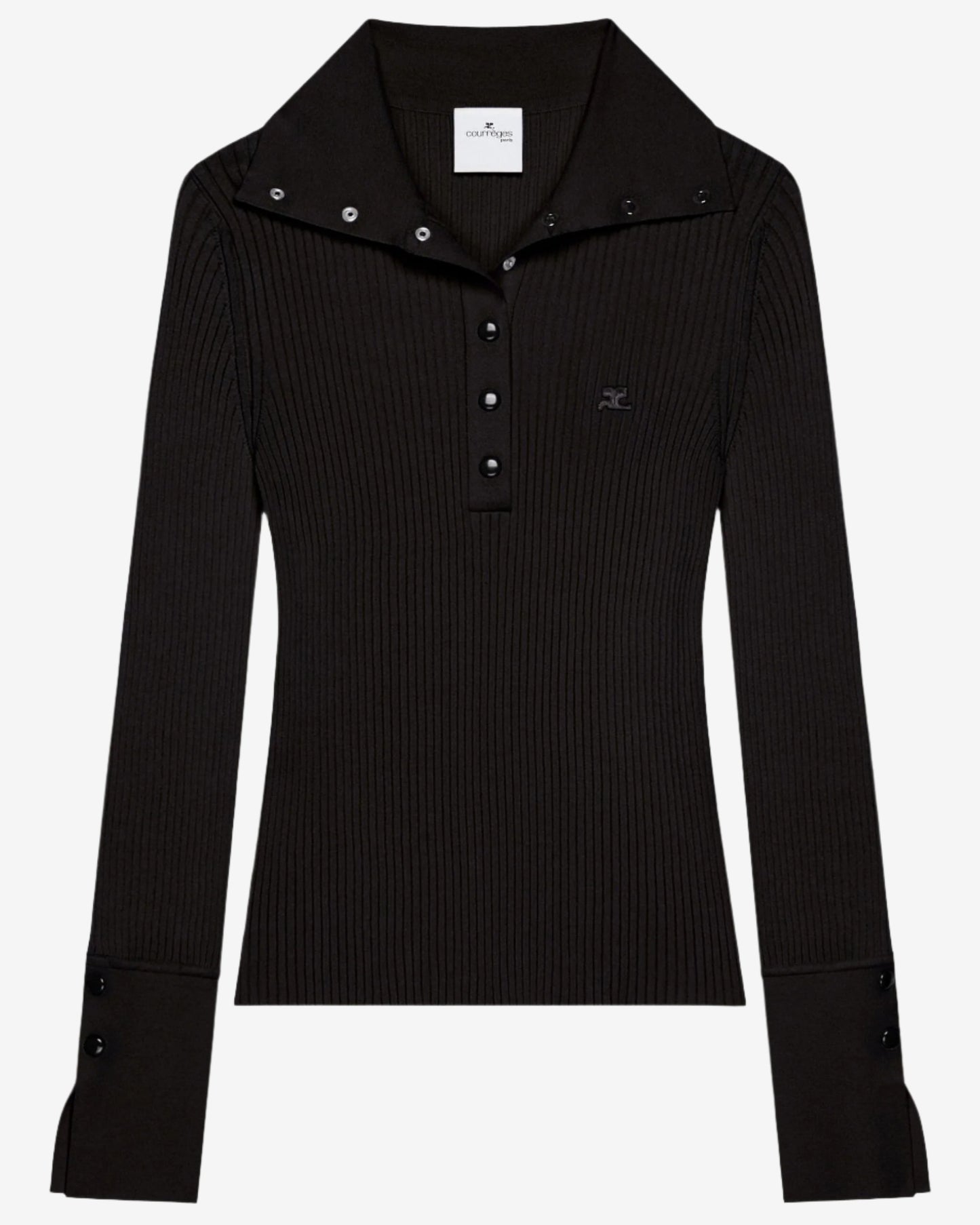 Black ribbed long-sleeve shirt with buttons on a white background