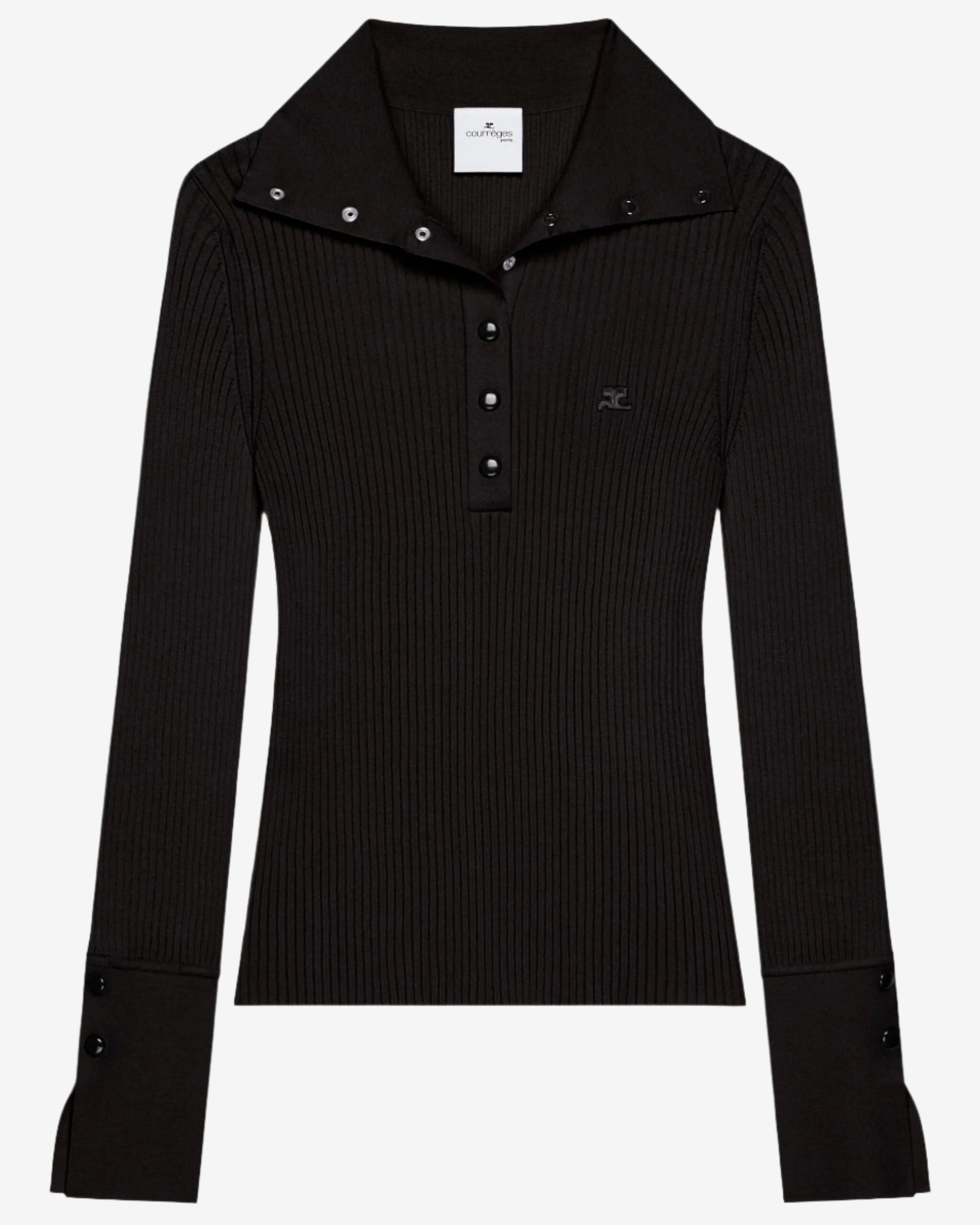 Black ribbed long-sleeve shirt with buttons on a white background