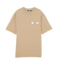 dark beige t-shirt with a small logo on a white background