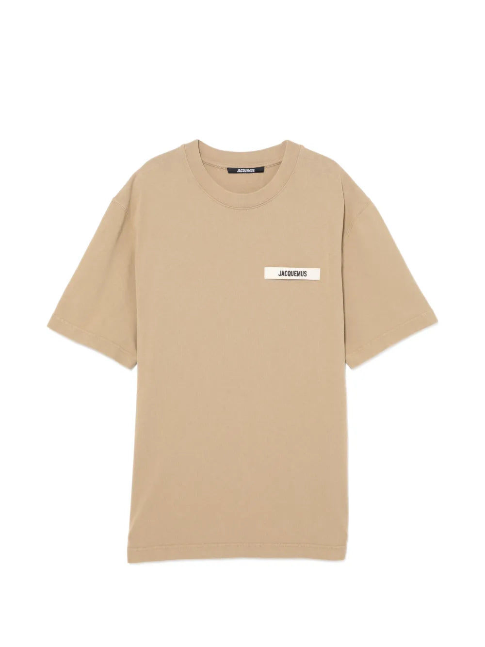 dark beige t-shirt with a small logo on a white background