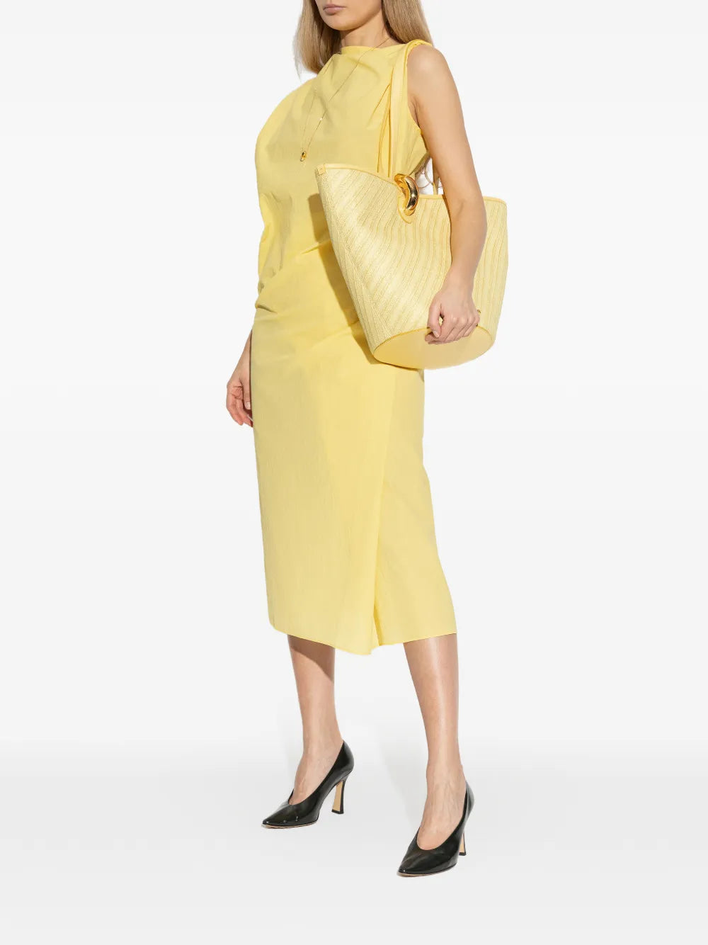 Yellow one-shoulder dress on a white background JACQUEMUS