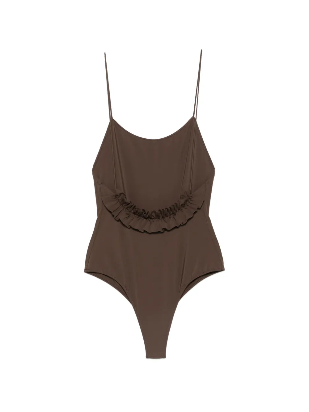 Brown swimsuit with thin straps on a white background