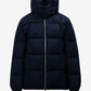Black puffer jacket on a light gray background