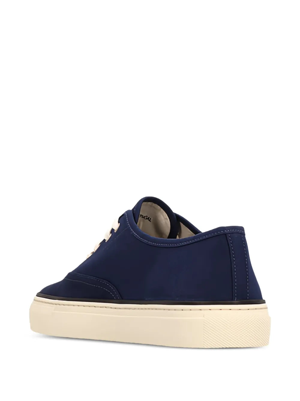 Navy blue sneaker with white laces on a white background