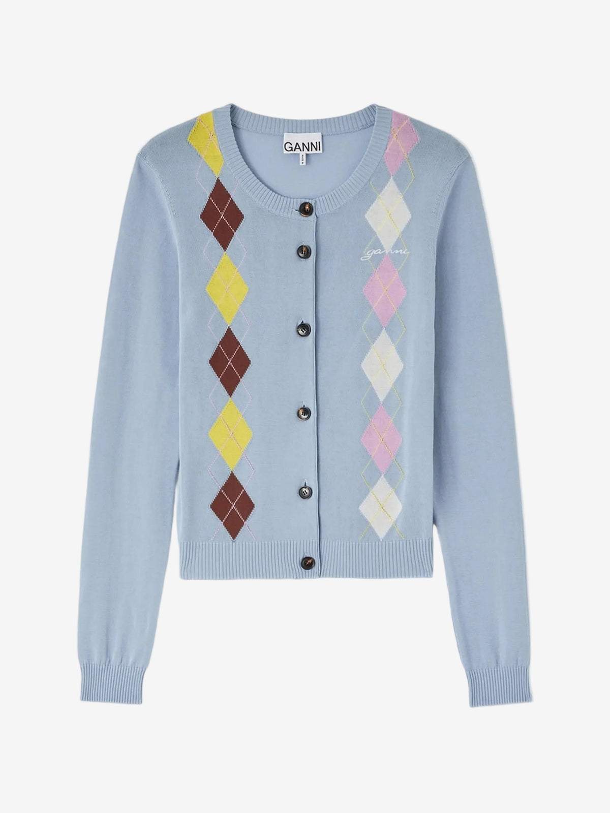 A light blue cardigan sweater with vertical argyle diamond patterns in brown, yellow, pink, and white on the front, featuring a button-up front and a visible GANNI brand label.