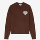 A dark brown knit sweater with a small white embroidered heart logo on the left chest, displayed flat against a light gray background.