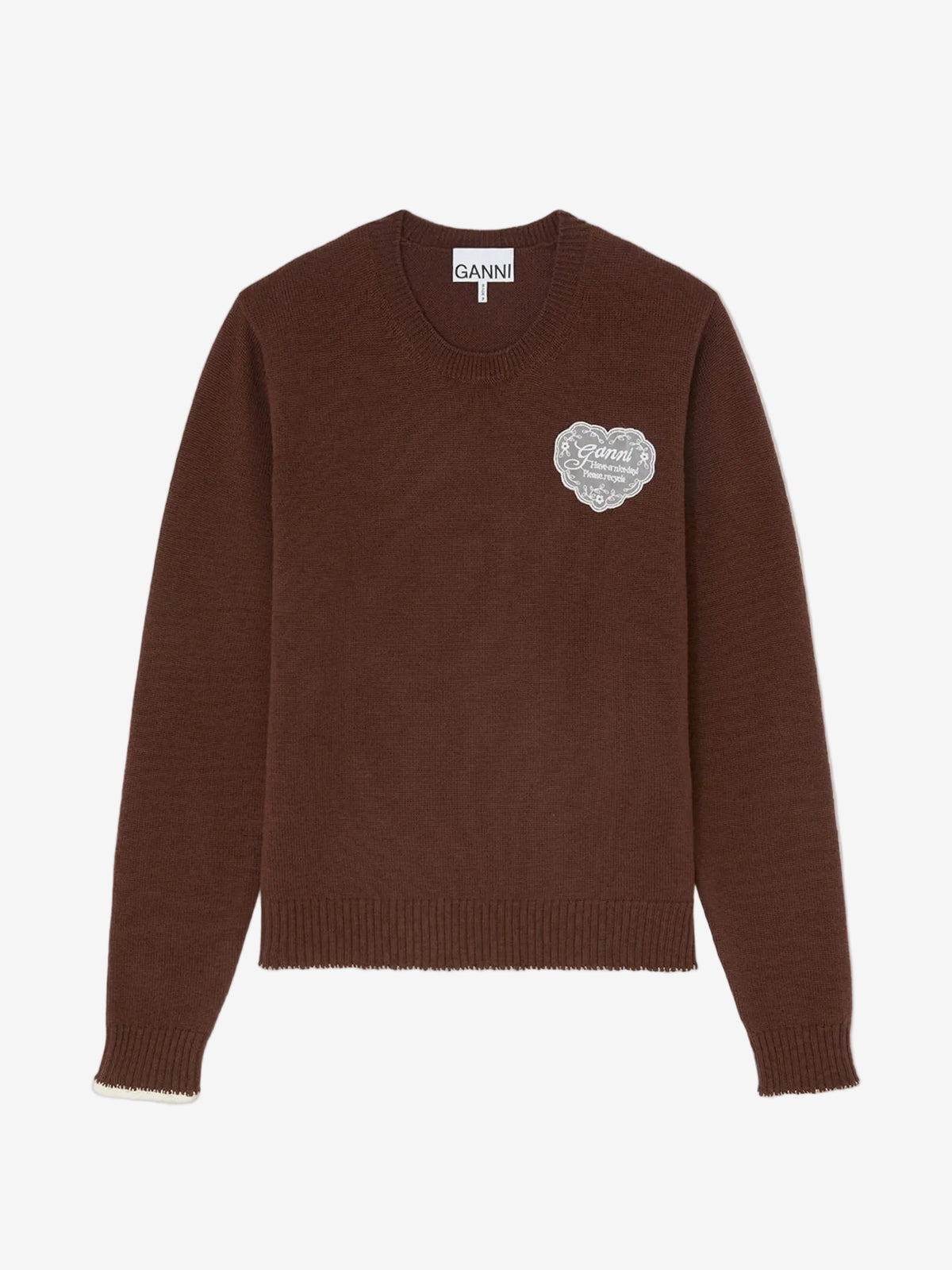 A dark brown knit sweater with a small white embroidered heart logo on the left chest, displayed flat against a light gray background.