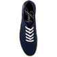 Navy blue sneaker with white laces on a white background