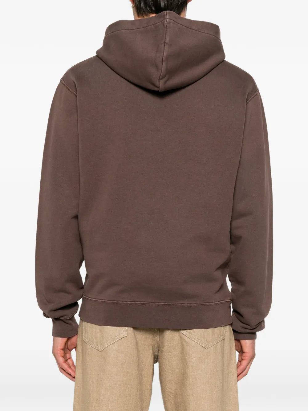 brown hoodie with a small logo on the chest against a white background