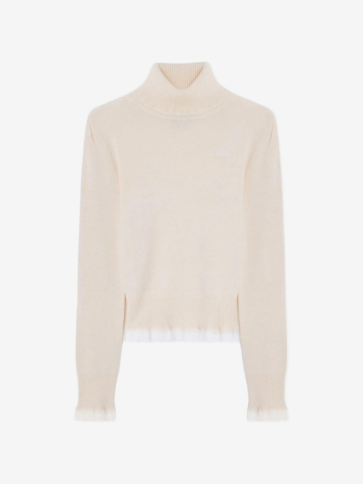 A light beige knit turtleneck sweater with long sleeves and a sheer ruffled hem, displayed against a plain white background.