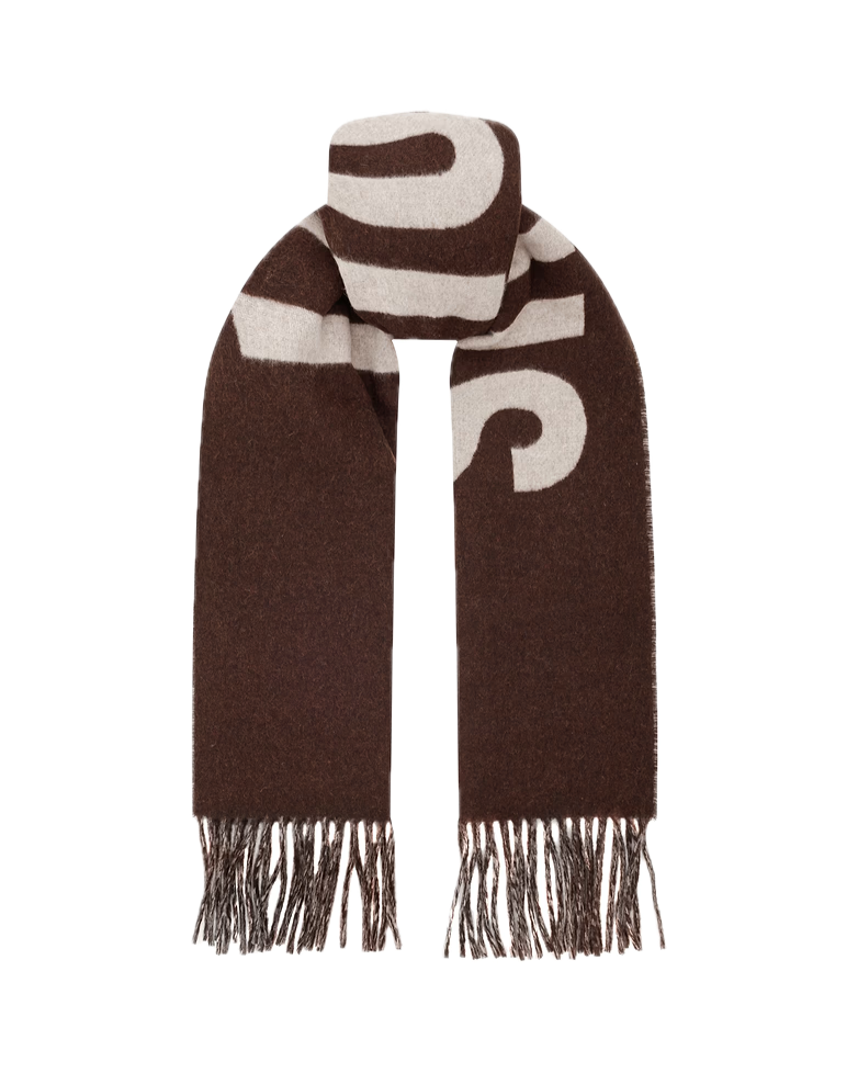 Brown scarf with white pattern on a white background