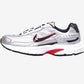 Gray running shoe with red and black accents on a white background