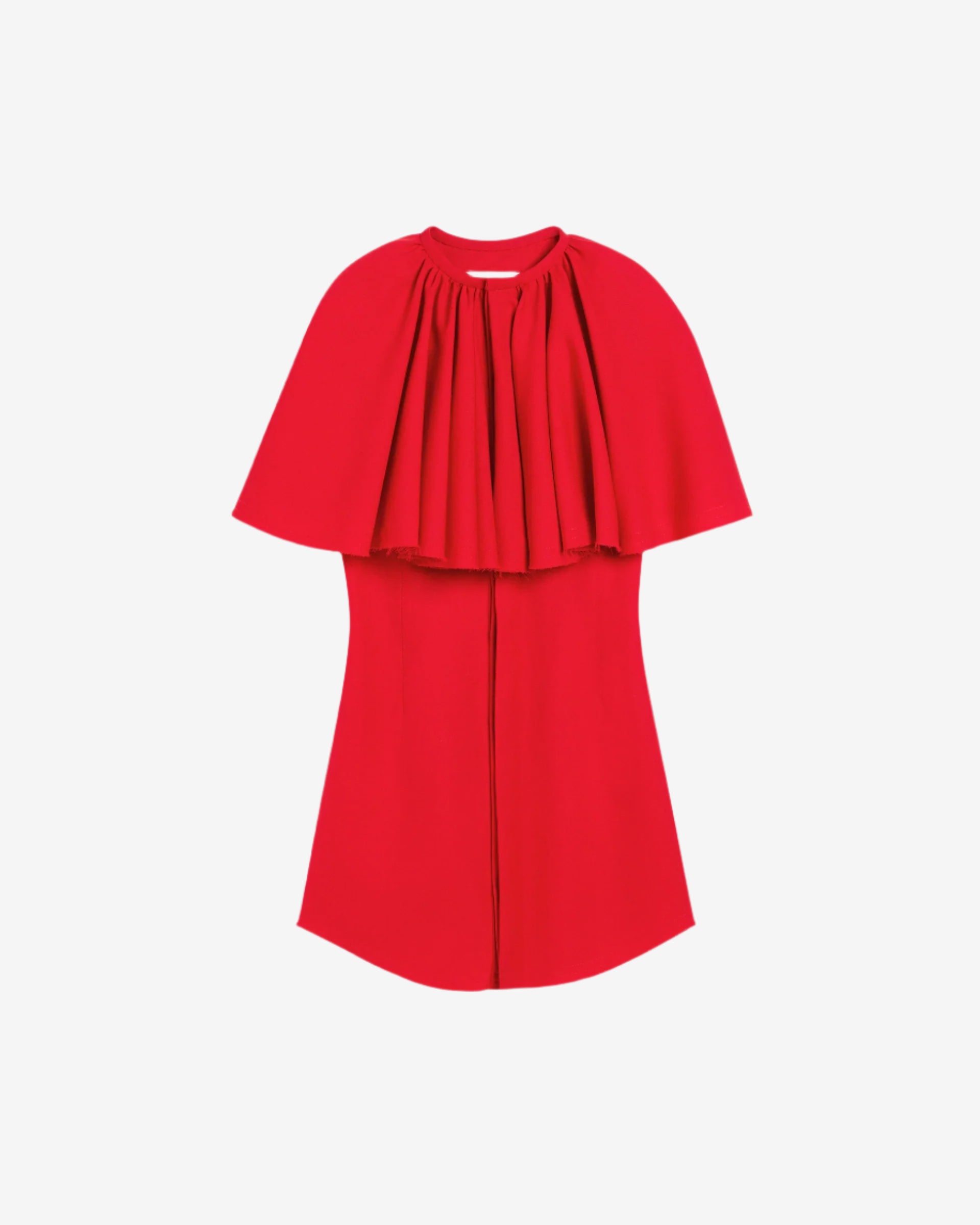 Red dress with a layered design on a beige background