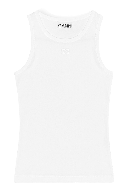 White sleeveless top with 'GANNI' branding on a white background