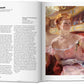 Open book with a painting of a woman in a pink dress on the right page and text on the left page.