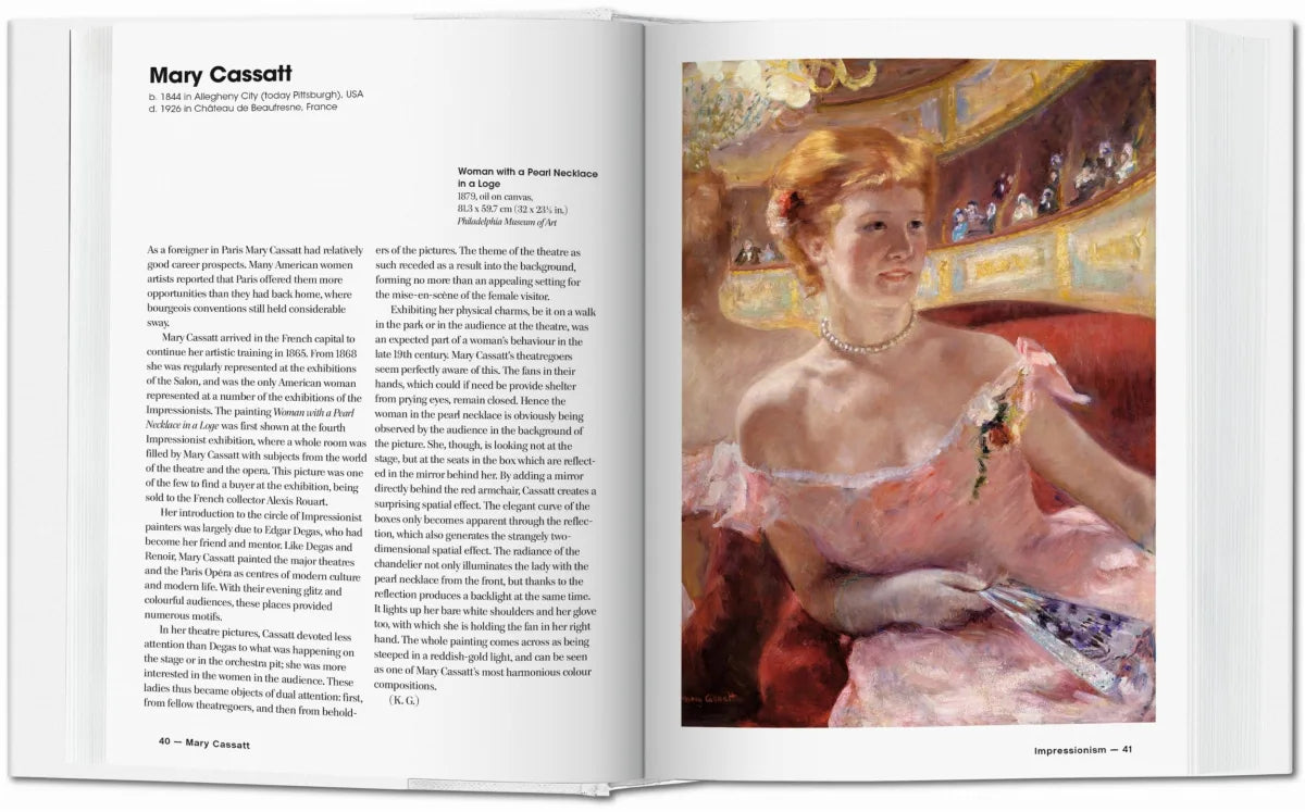 Open book with a painting of a woman in a pink dress on the right page and text on the left page.
