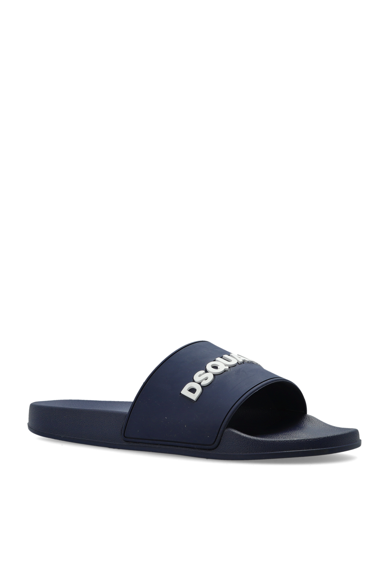 Navy slide sandal with logo on a white background