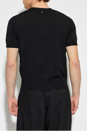 Black Wool Short Sleeves V Neck Sweater