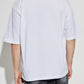 White t-shirt with black text on a white background