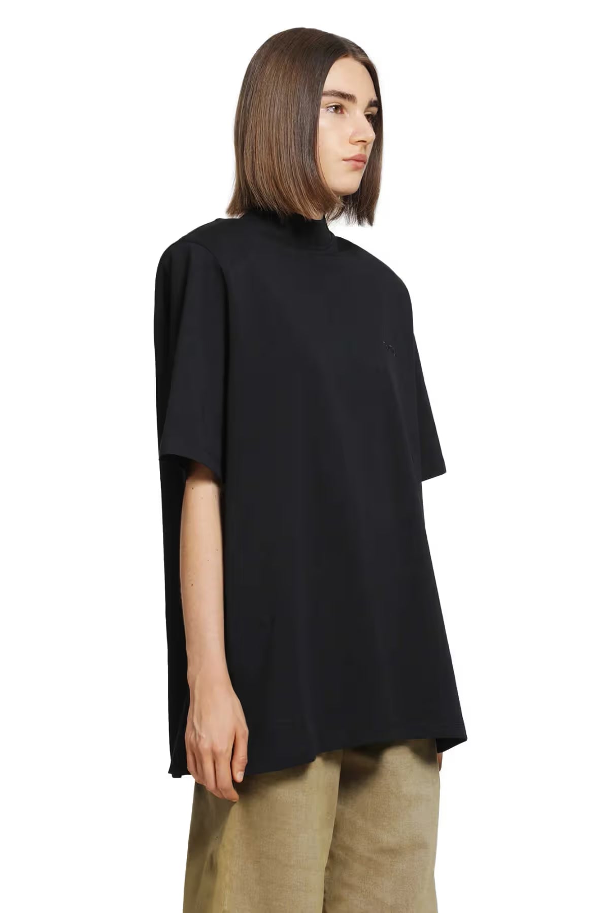 A black short-sleeve t-shirt with a mock neck collar and a small white 'ATTICO' logo on the left chest, displayed against a solid white background.
