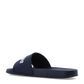 Navy slide sandal with logo on a white background