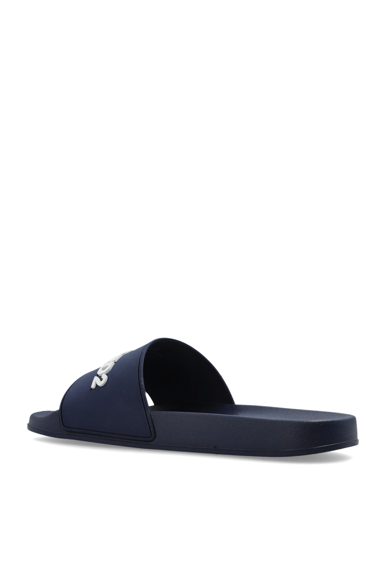 Navy slide sandal with logo on a white background