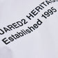 White t-shirt with black text on a white background