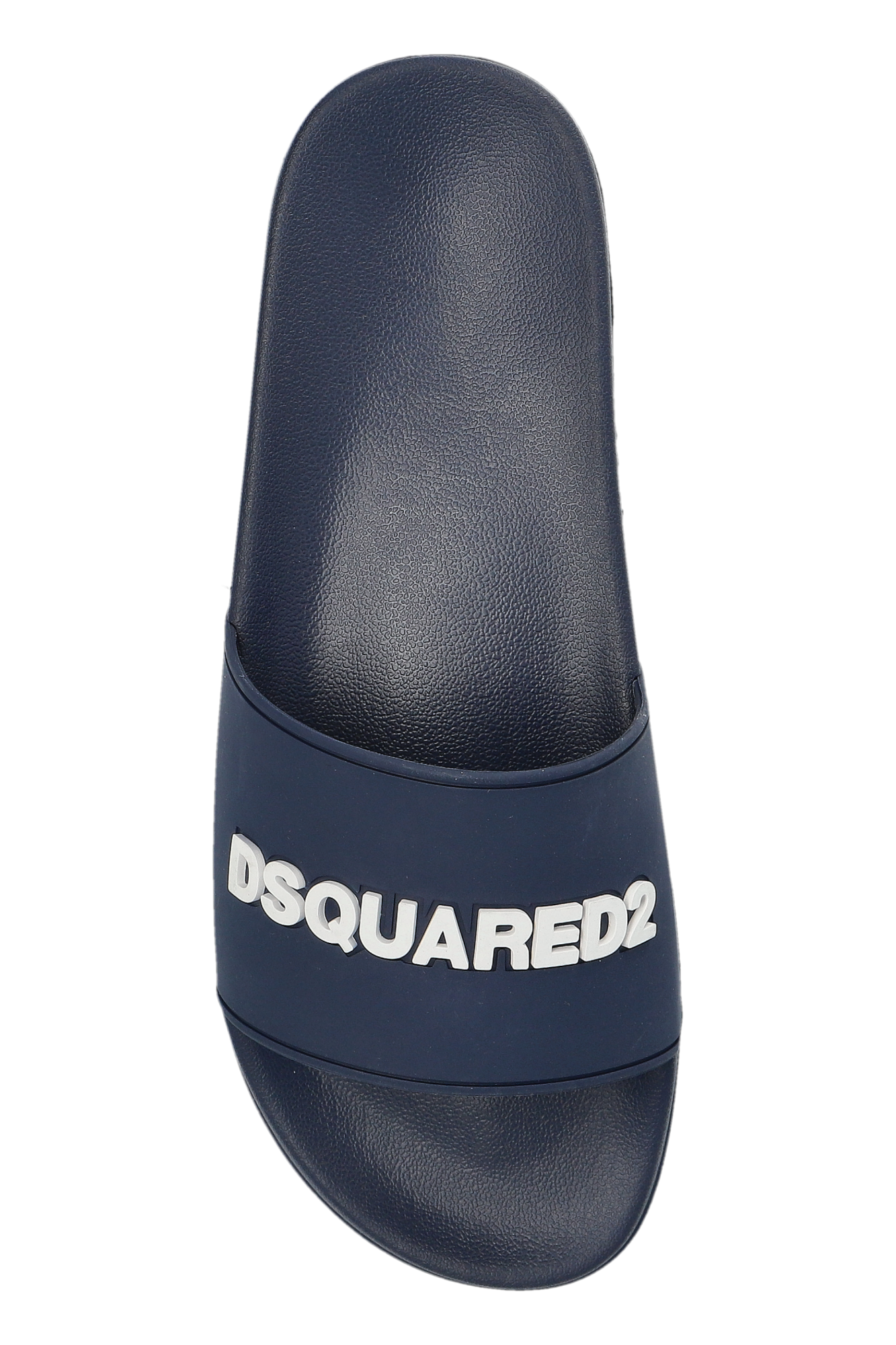 Navy slide sandal with logo on a white background