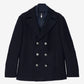 Navy peacoat with silver buttons on a light gray background