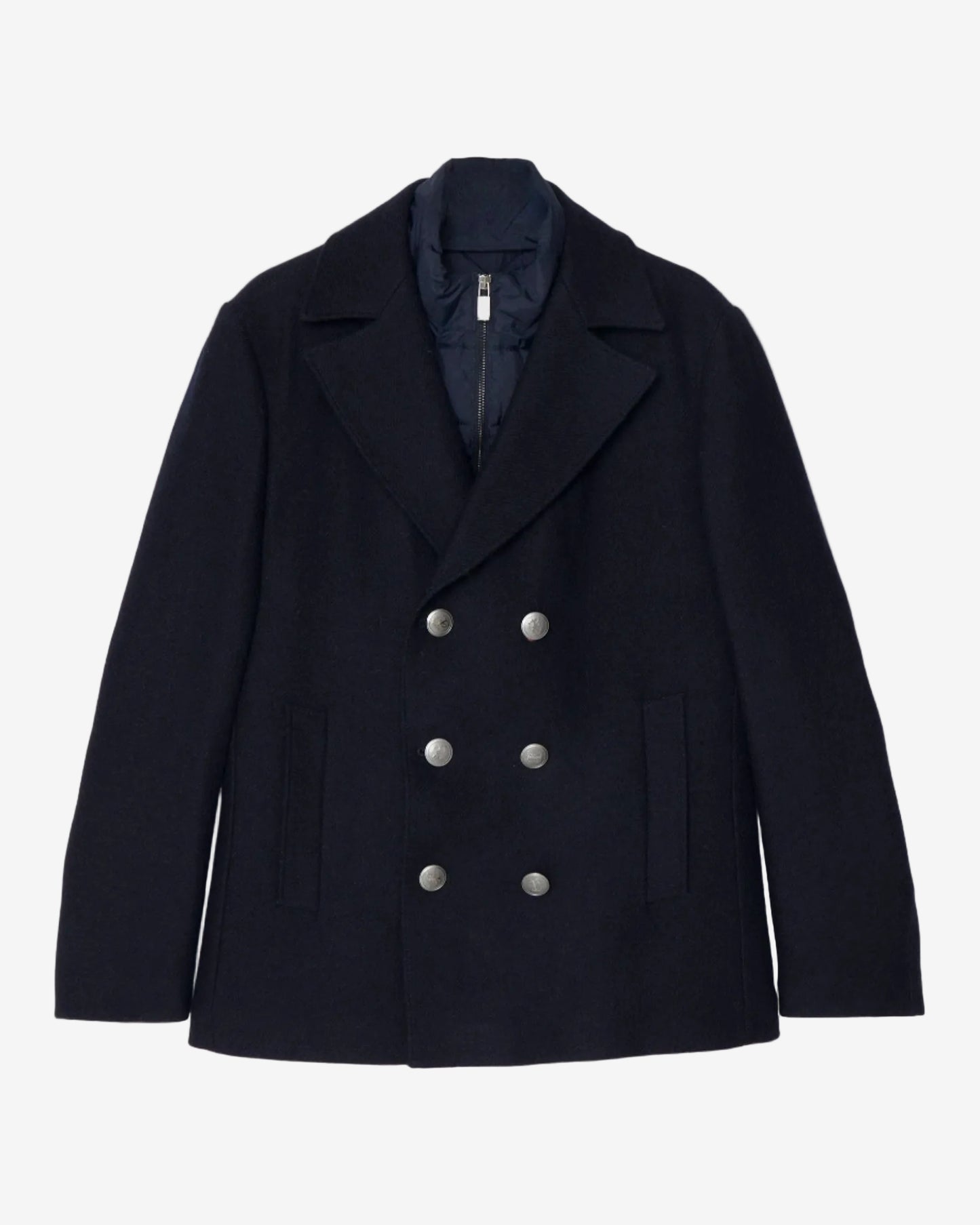 Navy peacoat with silver buttons on a light gray background