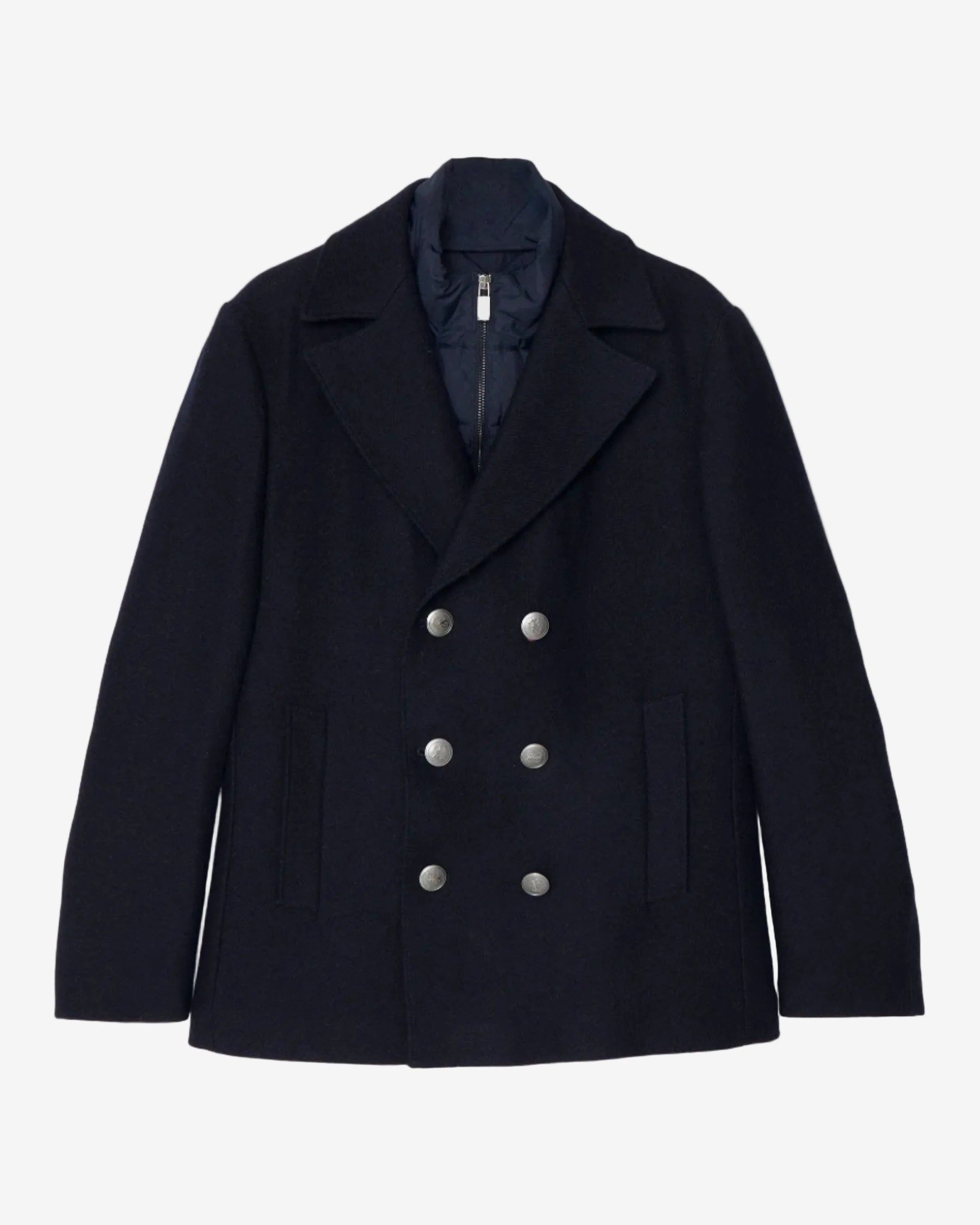 Navy peacoat with silver buttons on a light gray background