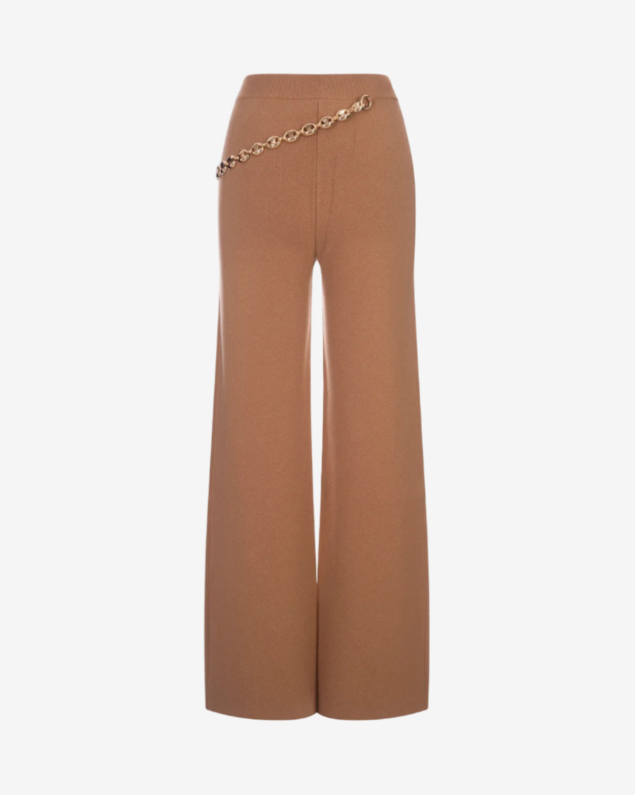 Brown wide-leg pants with a chain detail on a white background