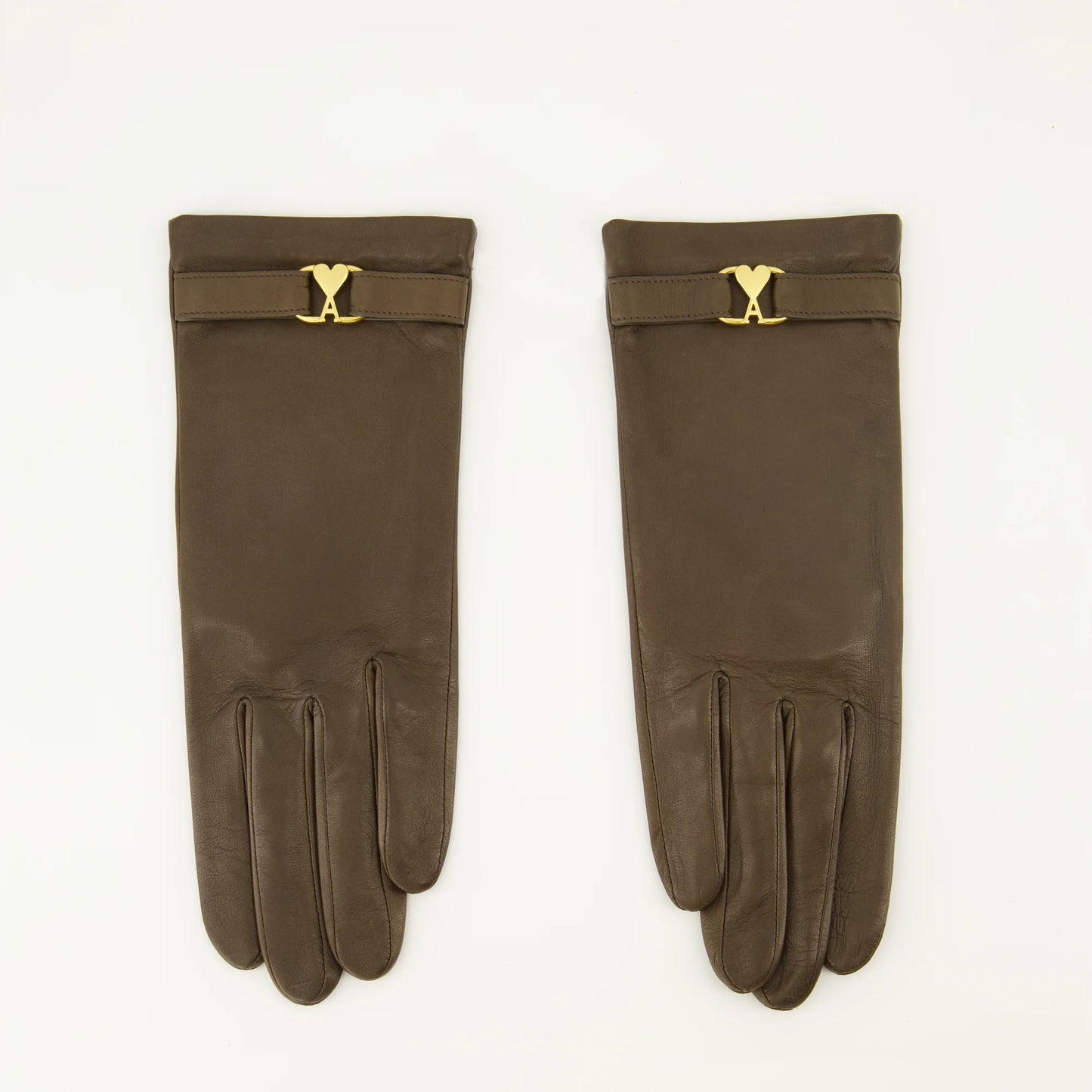 Pair of brown gloves with gold logo on a white background AMI PARIS